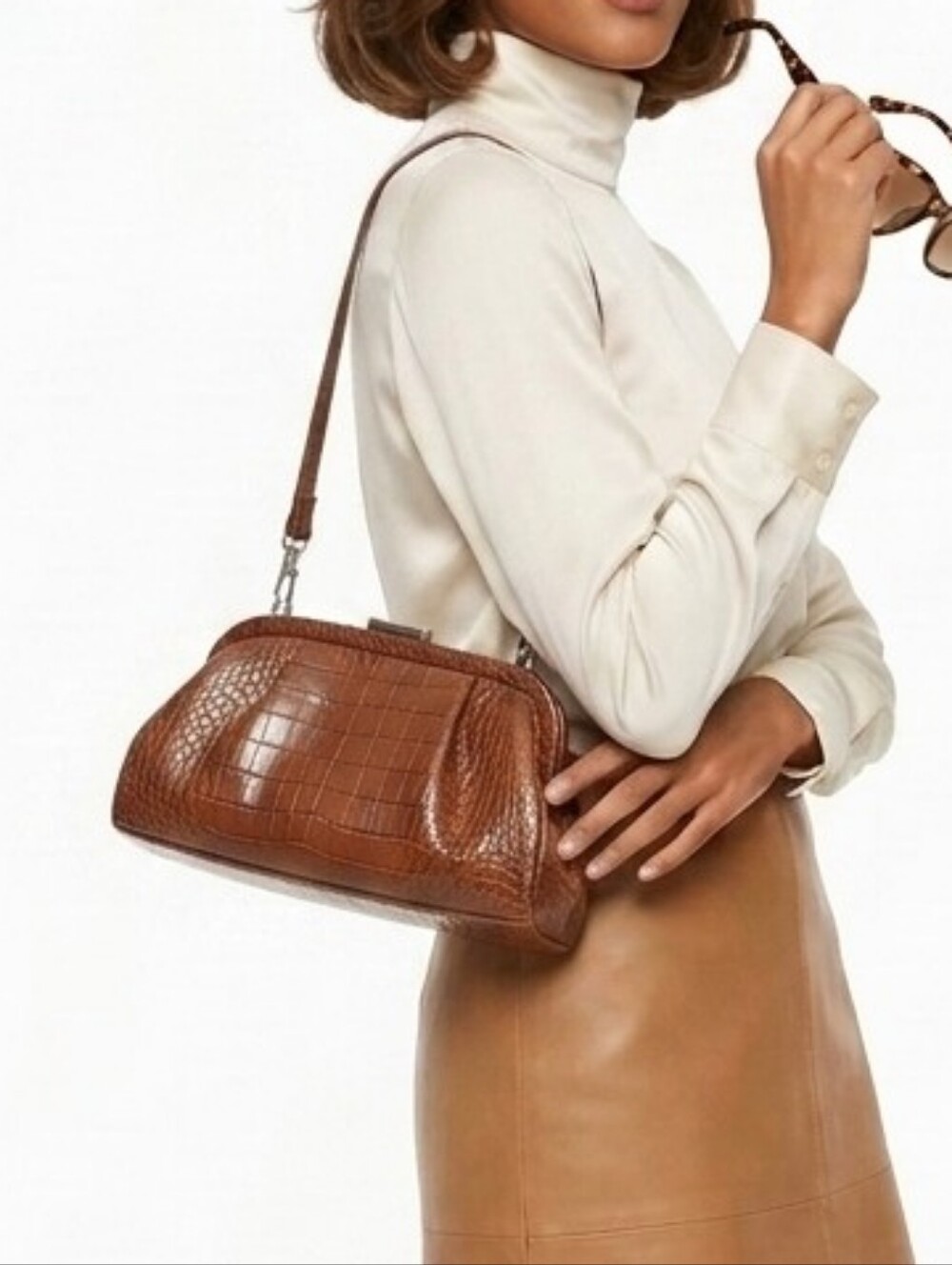 NWT Vintage Etienne Aigner Leather Brown Croc-Embossed Kiss Lock Shoulder Bag